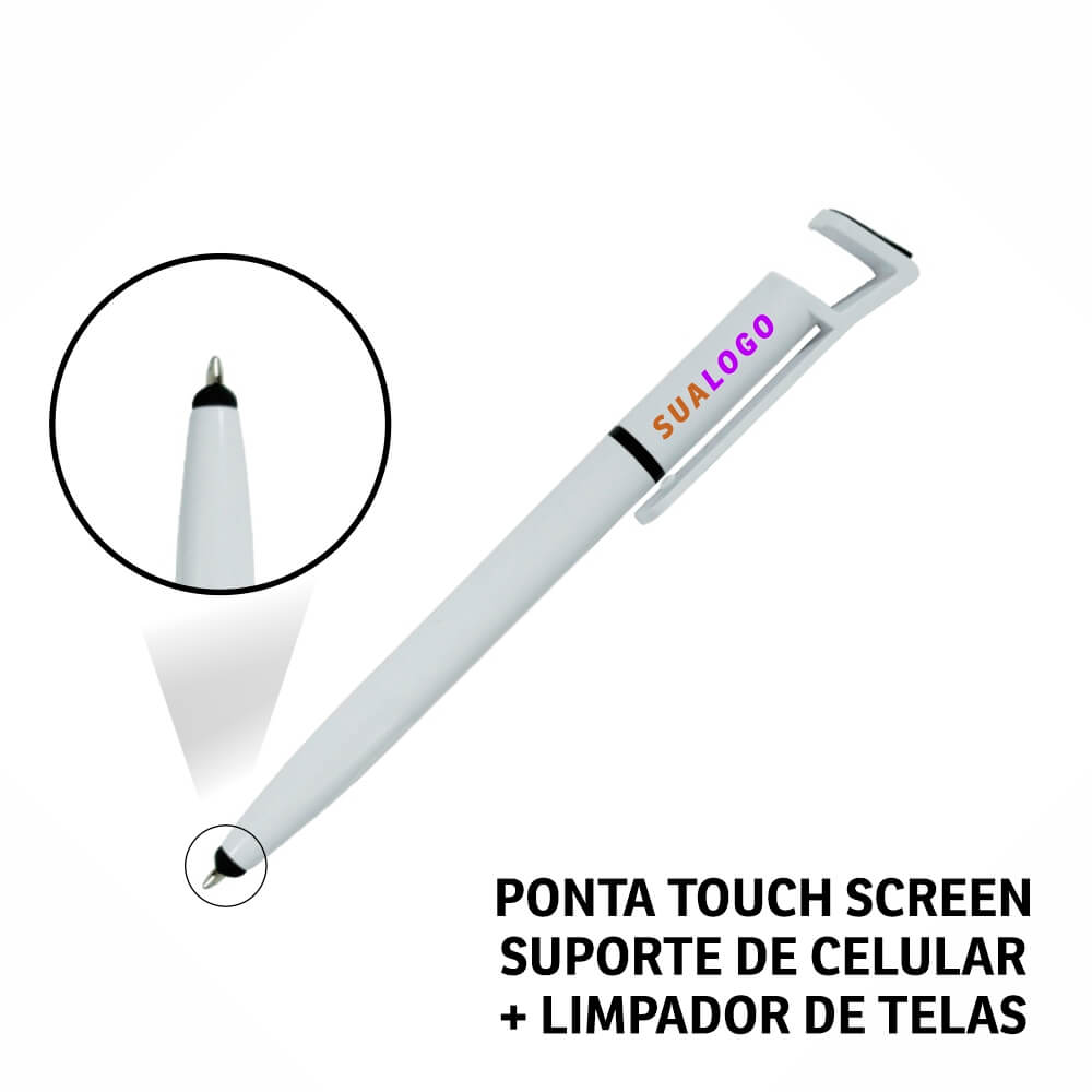 Canetas Promocionais Personalizadas Impresão Uv Multifunção Com Touch e Suporte Branca