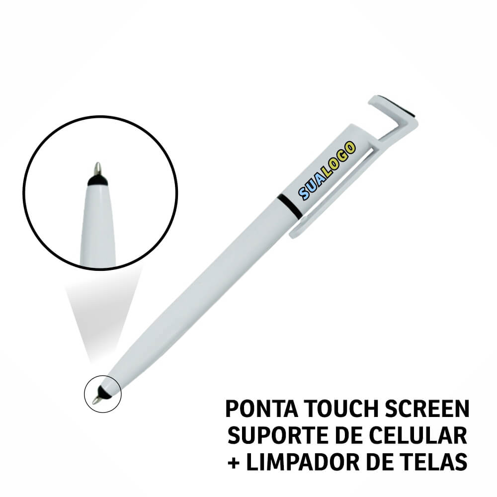 Canetas Promocionais Personalizadas Impresão Uv Multifunção Com Touch e Suporte Branca