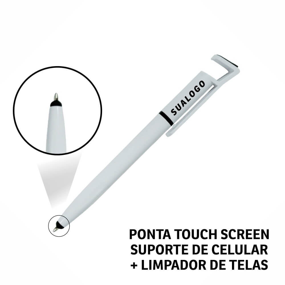 Canetas Promocionais Personalizadas Impresão Uv Multifunção Com Touch e Suporte Branca