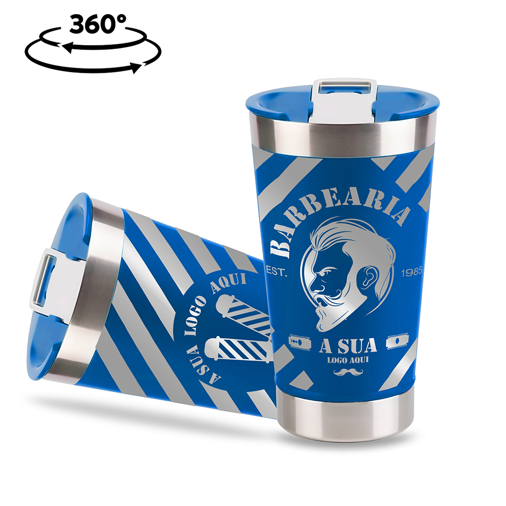 Copo Térmico com Abridor Parede Dupla e Aço 470ml Azul com Tampa Azul