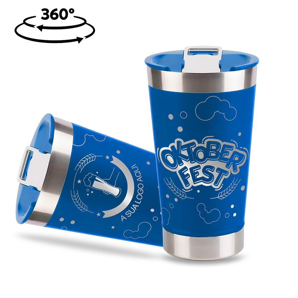 Copo Térmico com Abridor Parede Dupla e Aço 470ml Azul com Tampa Azul