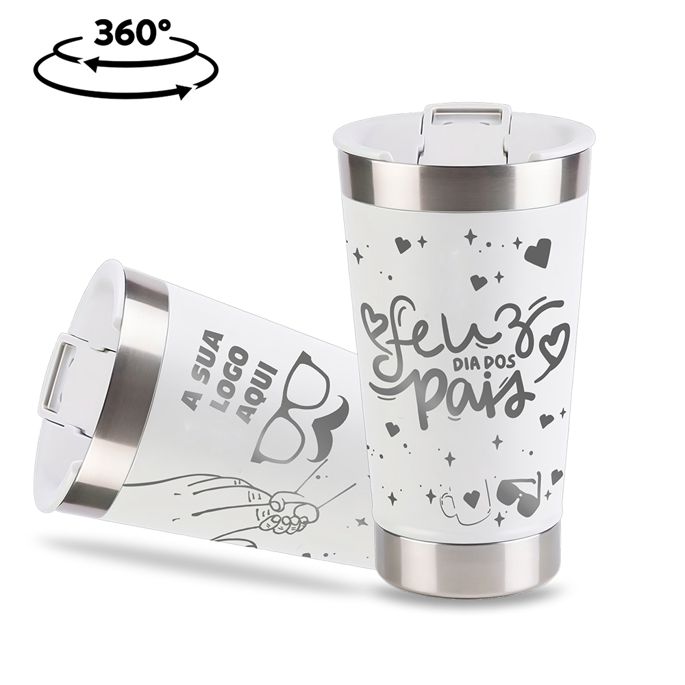 Copo Térmico com Abridor Parede Dupla e Aço 470ml Branco com Tampa Branca