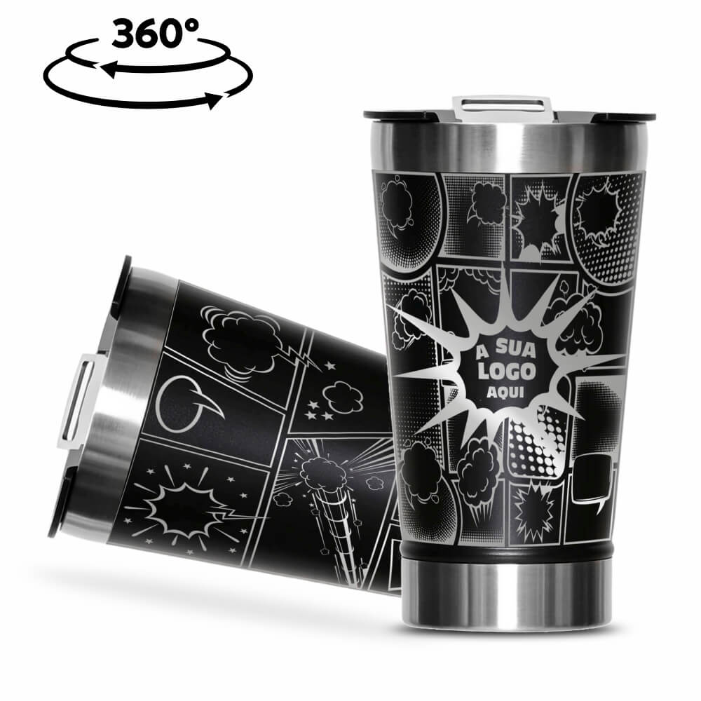 Copo Térmico com Abridor Parede Dupla e Aço 470ml Preto com Tampa Preta