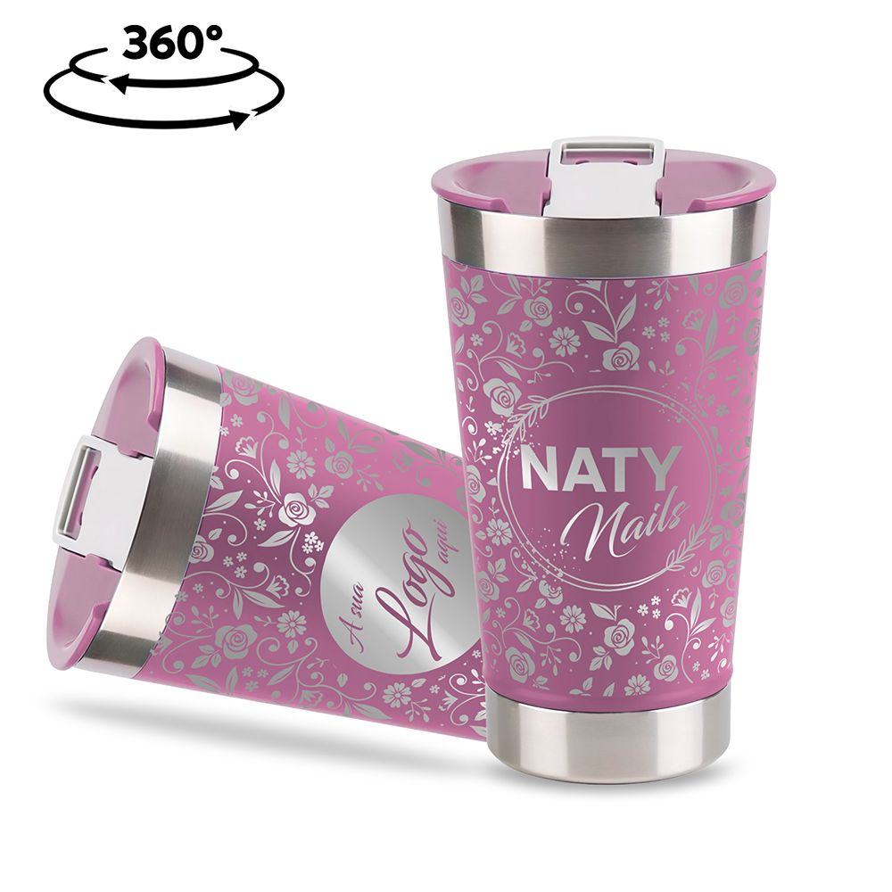 Copo Térmico com Abridor Parede Dupla e Aço 470ml Rosa com Tampa Rosa