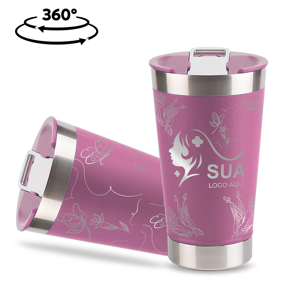 Copo Térmico com Abridor Parede Dupla e Aço 470ml Rosa com Tampa Rosa
