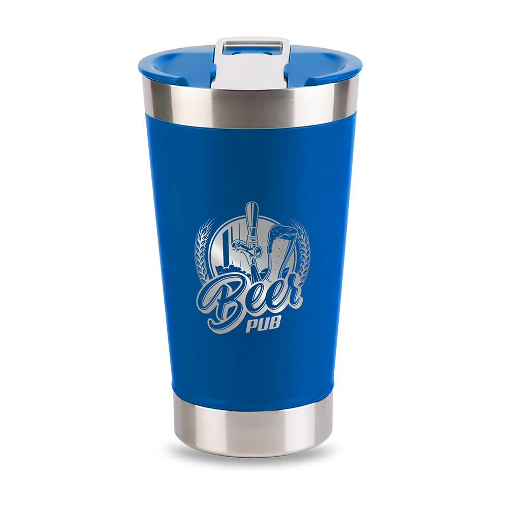 Copo Térmico Com Abridor Parede Dupla e Aço 470ml Com Tampa Azul