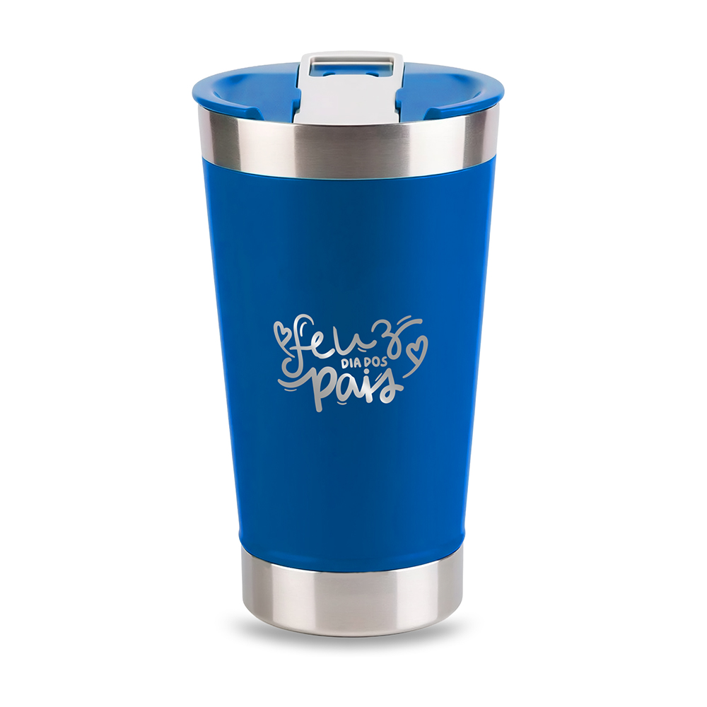 Copo Térmico Com Abridor Parede Dupla e Aço 470ml Com Tampa Azul