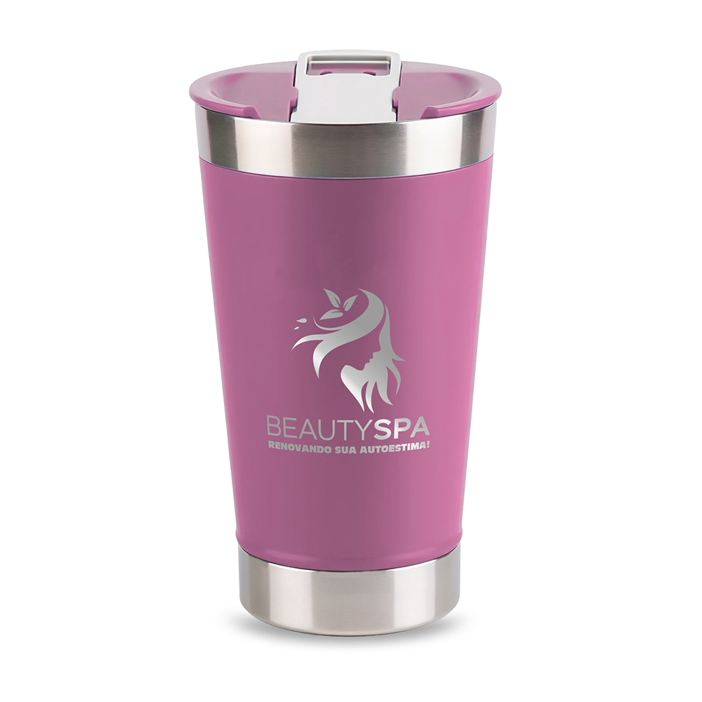 Copo Térmico Com Abridor Parede Dupla e Aço 470ml Com Tampa Rosa