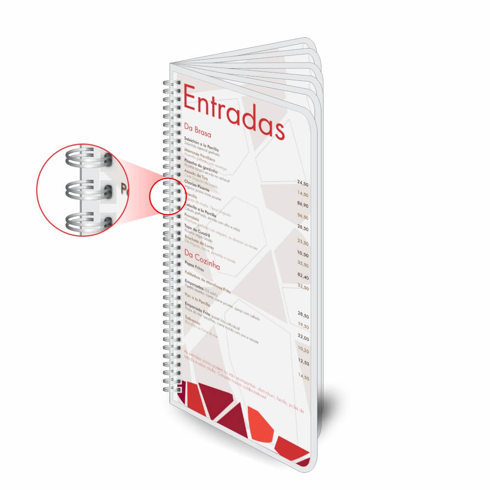 Cardápios Personalizados Wire O 12 Páginas Plastificação Rígida 0,10mm (105x300mm)