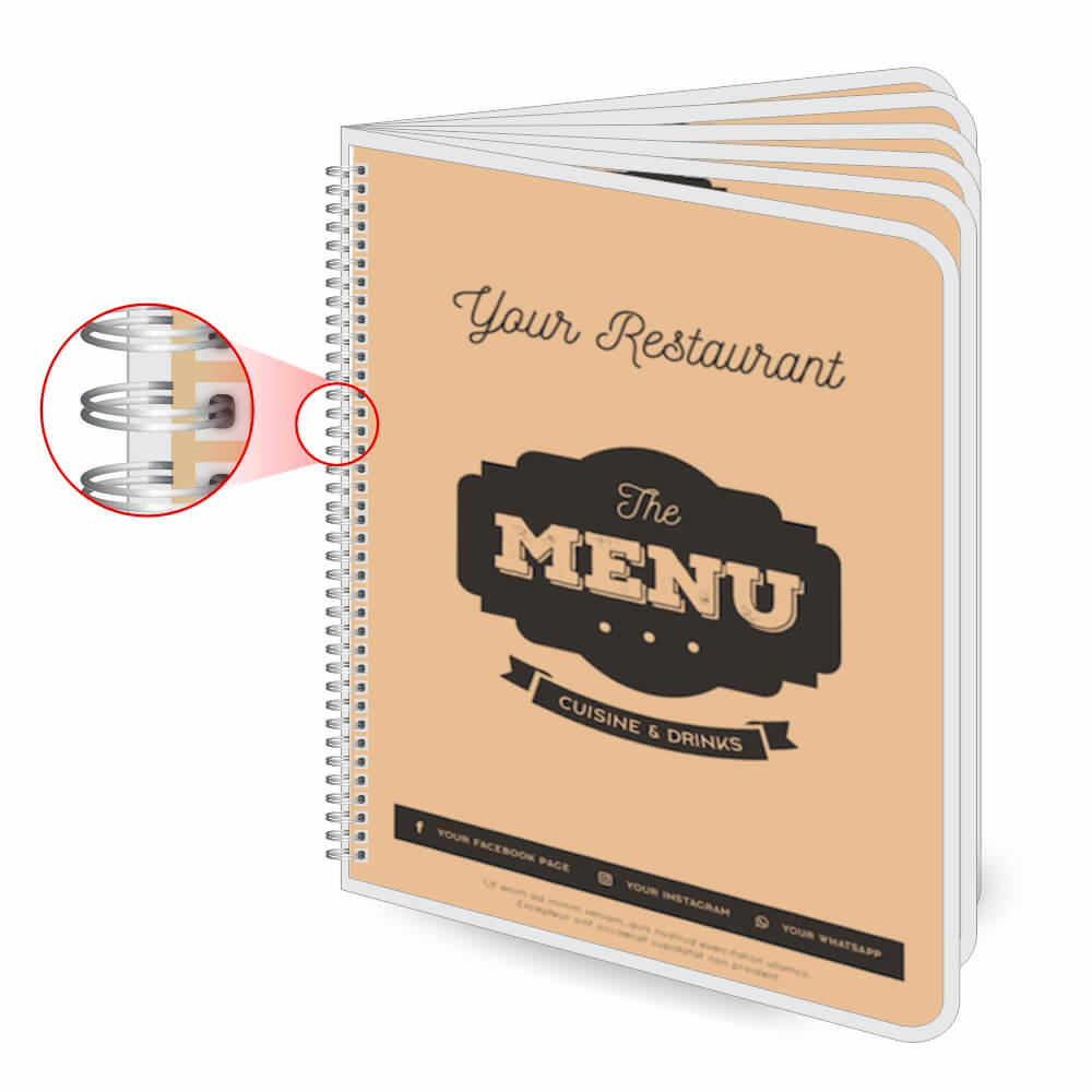Cardápios Personalizados Wire O 12 Páginas Plastificação Rígida 0,10mm (210x300mm)