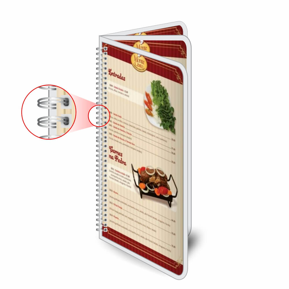 Cardápios Personalizados Wire O 6 Páginas Plastificação Rígida 0,10mm (105x300mm)