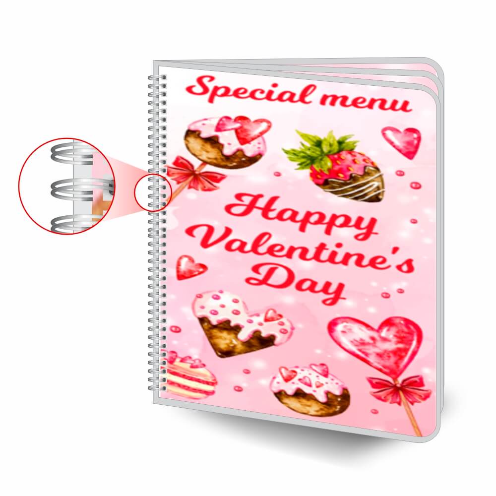 Cardápios Personalizados Wire O 6 Páginas Plastificação Rígida 0,10mm (210x300mm)
