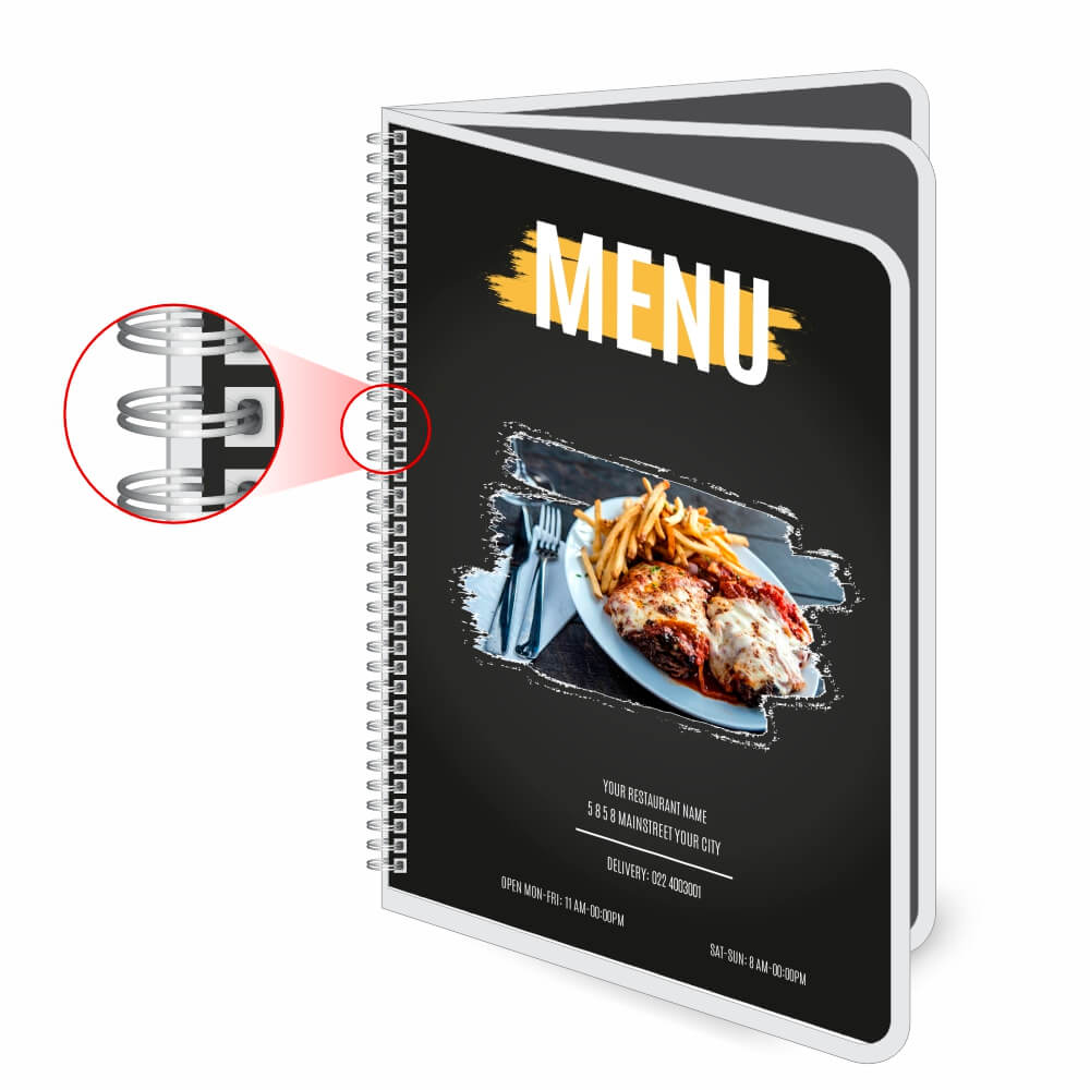 Cardápios Personalizados Wire O 6 Páginas Plastificação Rígida 0,10mm (150x210mm)