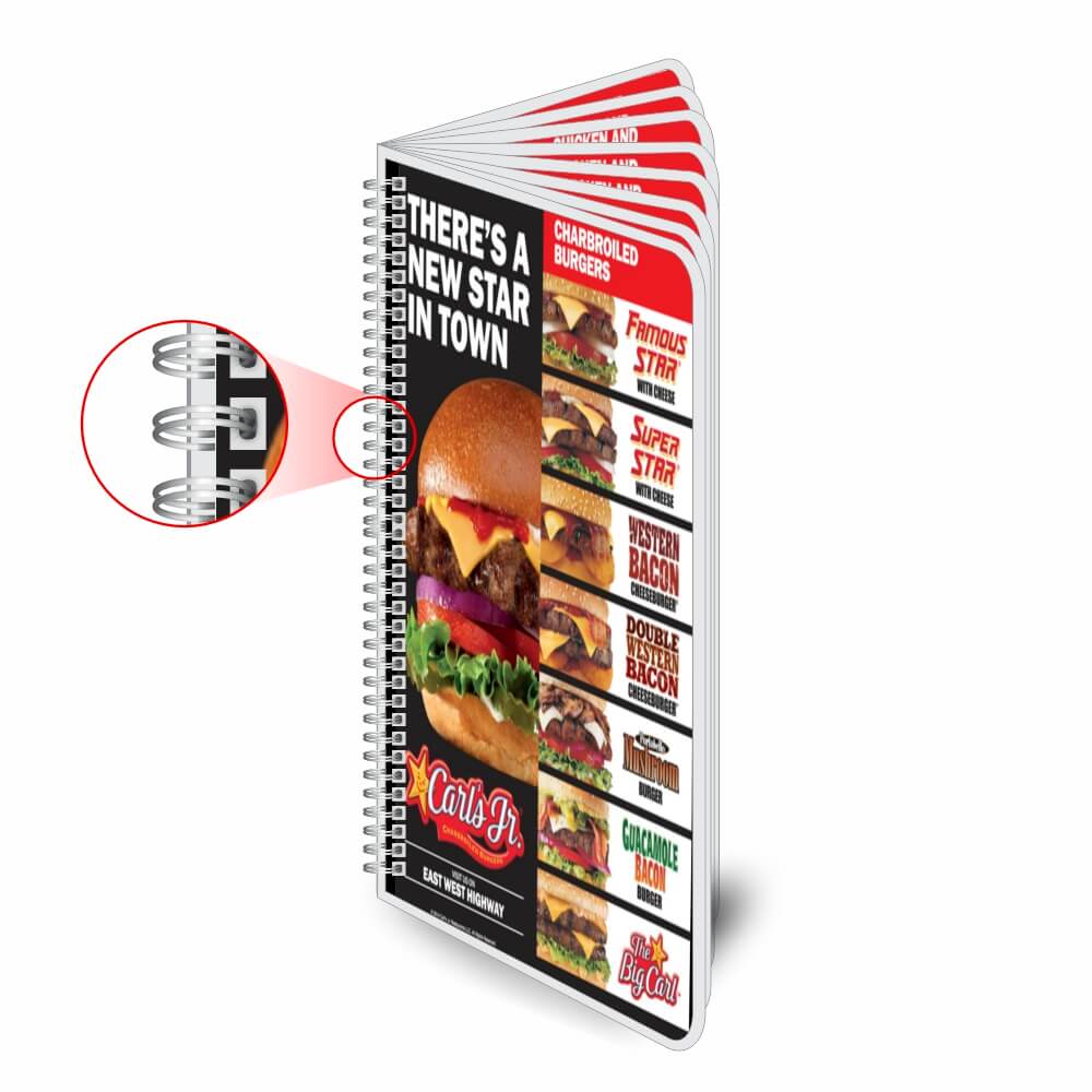Cardápios Personalizados Wire O 16 Páginas Plastificação Rígida 0,10mm (105x300mm)