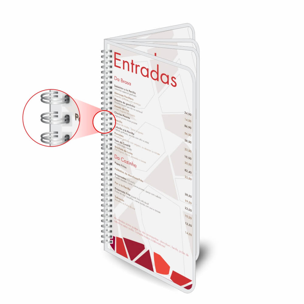 Cardápios Personalizados Wire O 8 Páginas Plastificação Rígida 0,10mm (105x300mm)