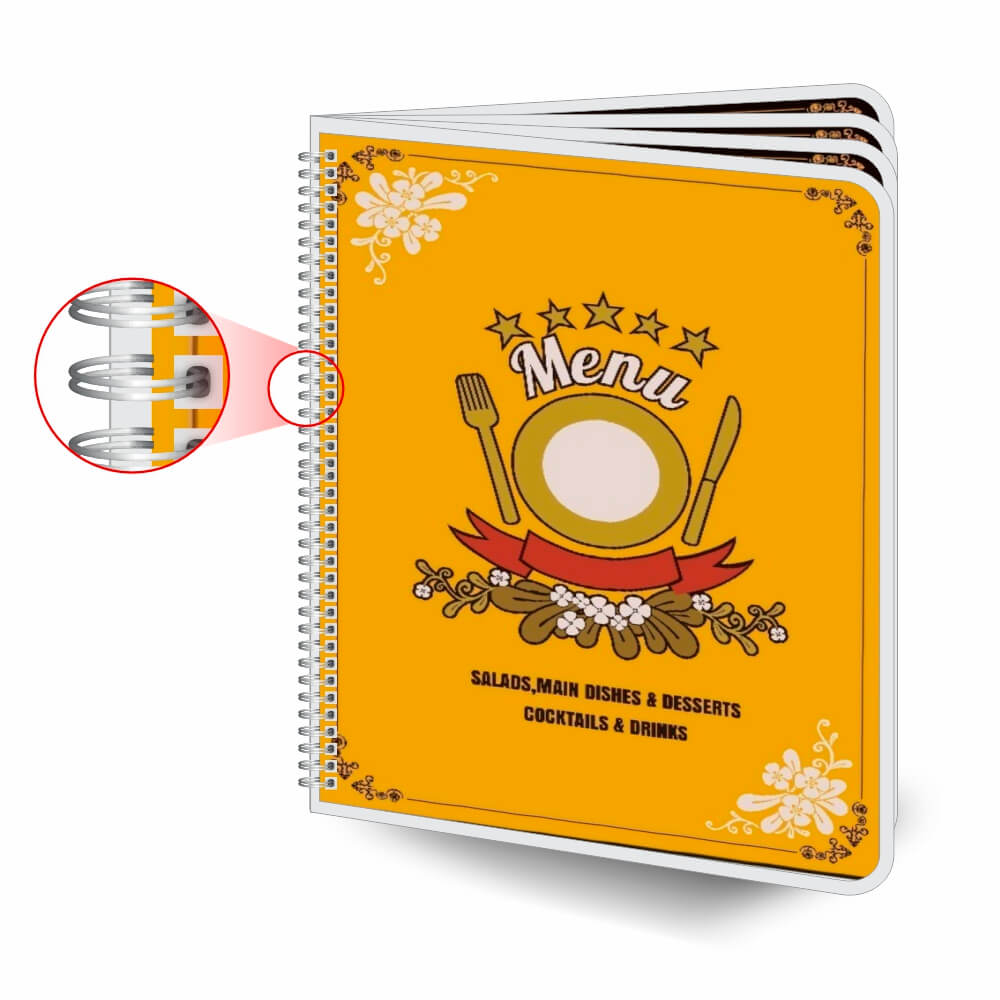 Cardápios Personalizados Wire O 8 Páginas Plastificação Rígida 0,10mm (210x300mm)