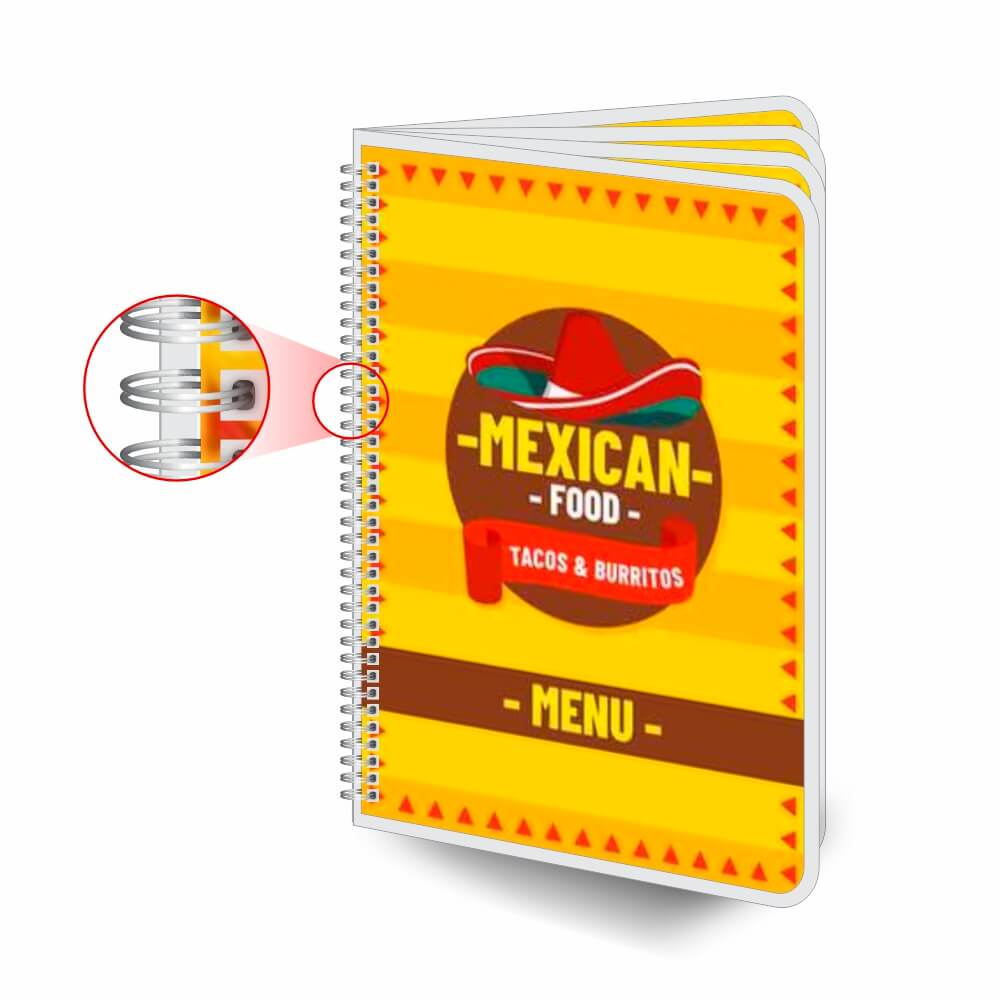 Cardápios Personalizados Wire O 8 Páginas Plastificação Rígida 0,10mm (300x420mm)