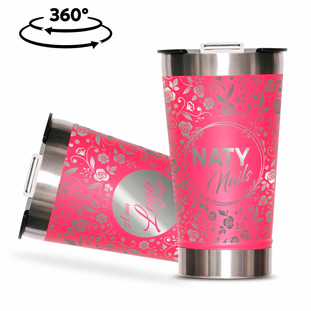 Copo Térmico com Abridor Parede Dupla e Aço 470ml Rosa Pink