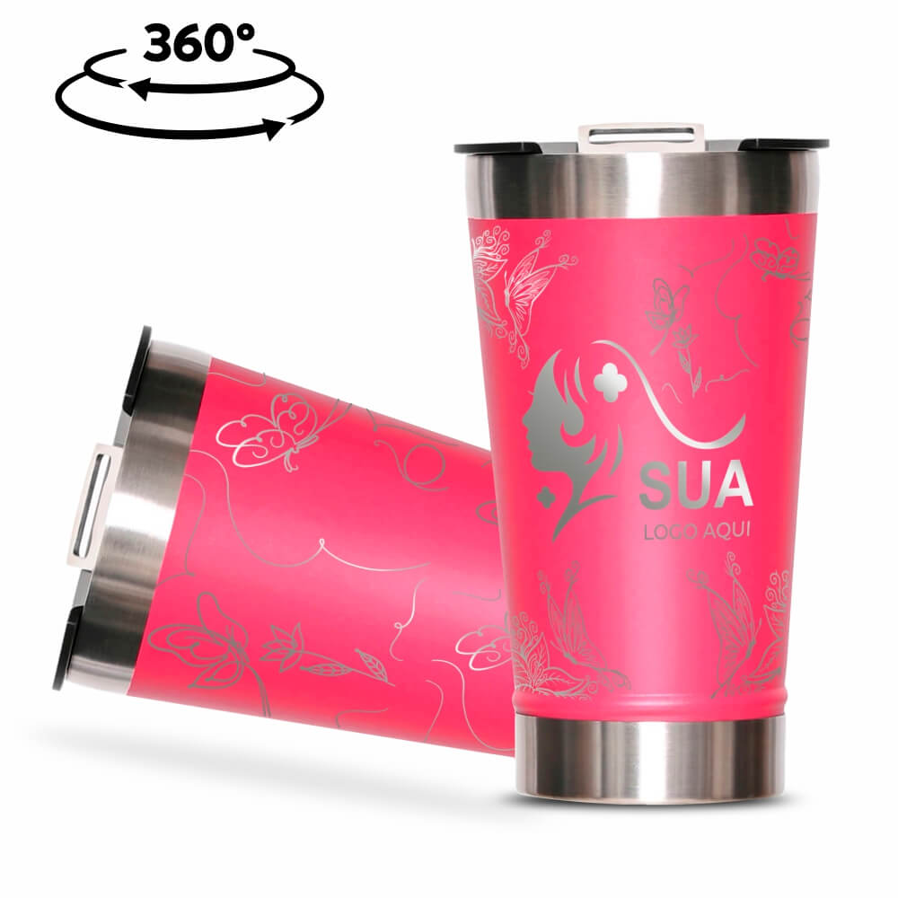 Copo Térmico com Abridor Parede Dupla e Aço 470ml Rosa Pink