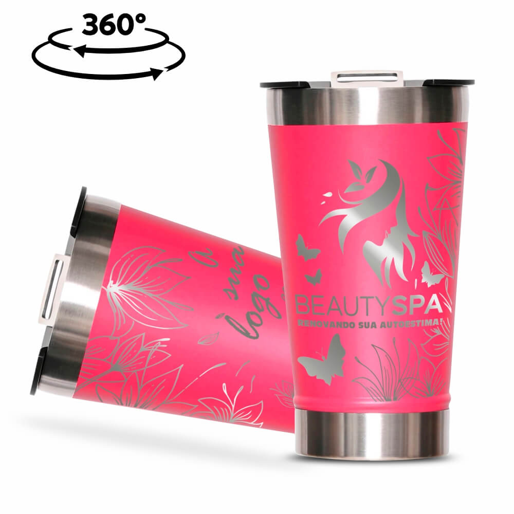 Copo Térmico com Abridor Parede Dupla e Aço 470ml Rosa Pink