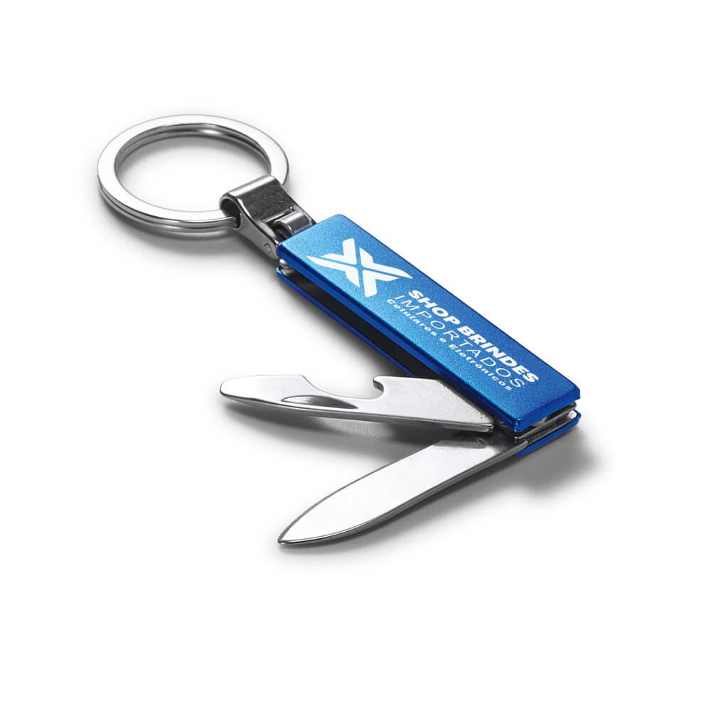 Chaveiro Gravação A Laser Metal Multifunção Com Canivete Azul