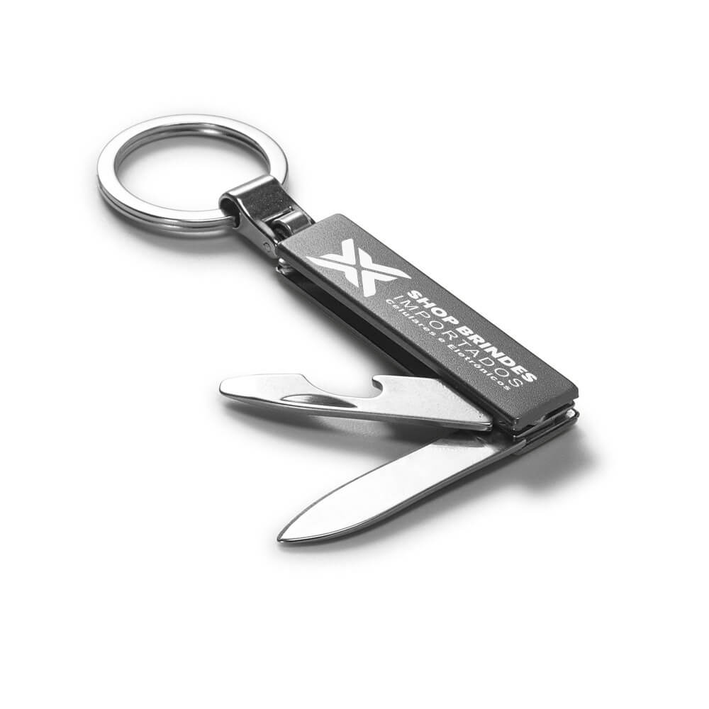 Chaveiro Gravação A Laser Metal Multifunção Com Canivete Preto