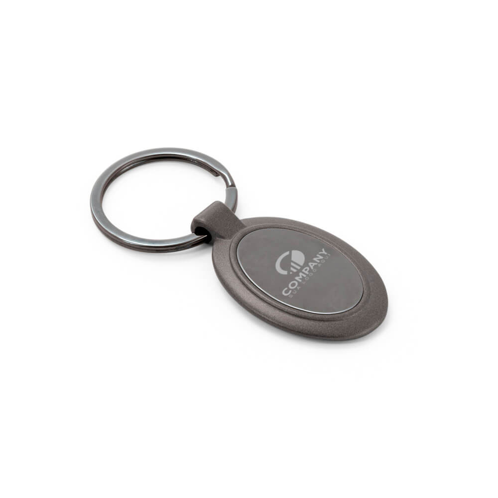 Chaveiro Gravação A Laser Metal Modelo Oval Cinza Com Detalhe Preto