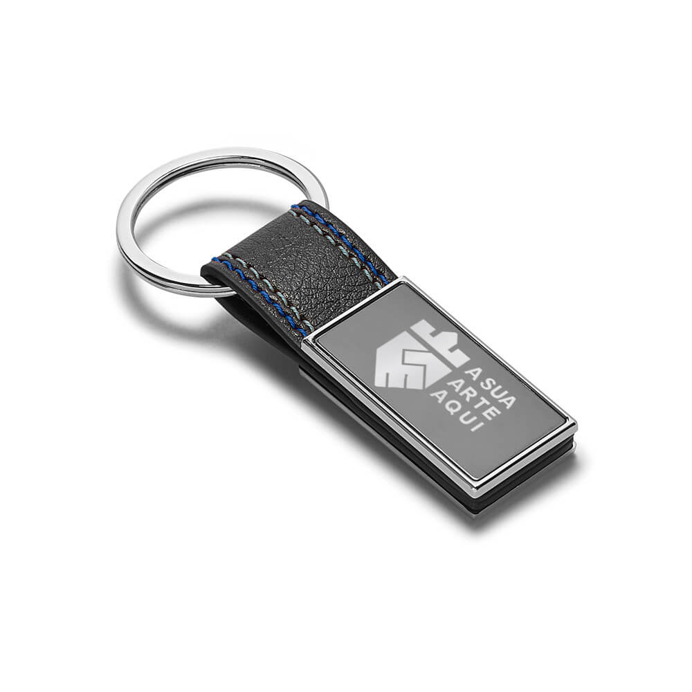 Chaveiro Gravação A Laser Couro Sintético Modelo Bale Com Fibra De Carbono Detalhe Azul