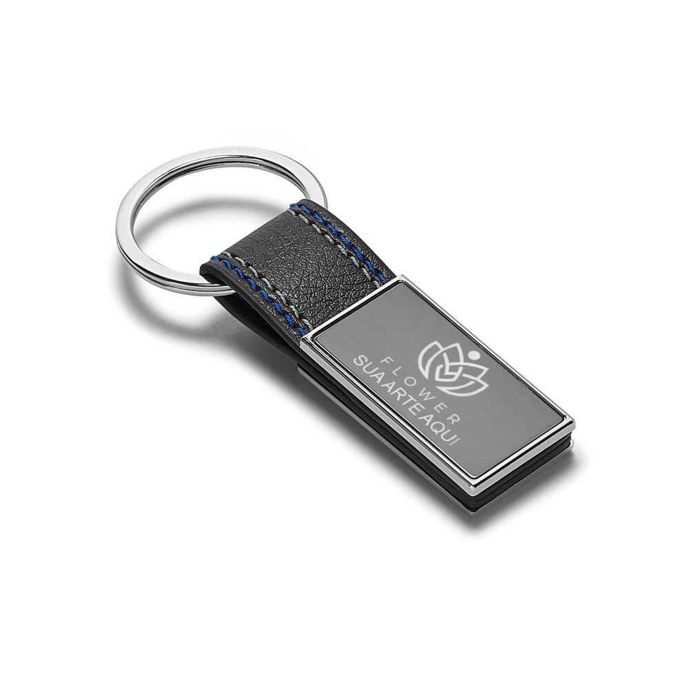 Chaveiro Gravação A Laser Couro Sintético Modelo Bale Com Fibra De Carbono Detalhe Azul