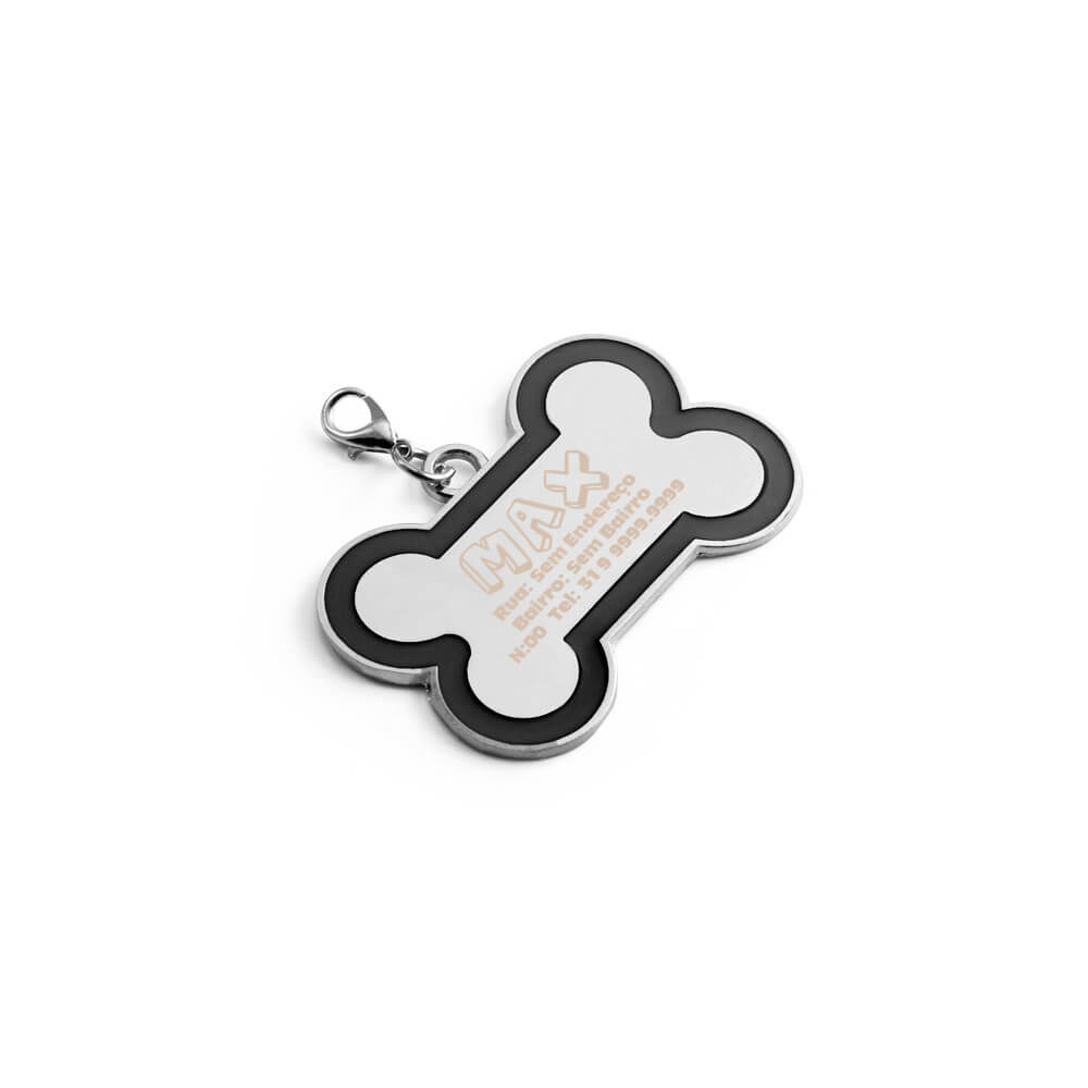Chaveiro Gravação A Laser Metal Modelo Osso Com Detalhe Em Abs Preto