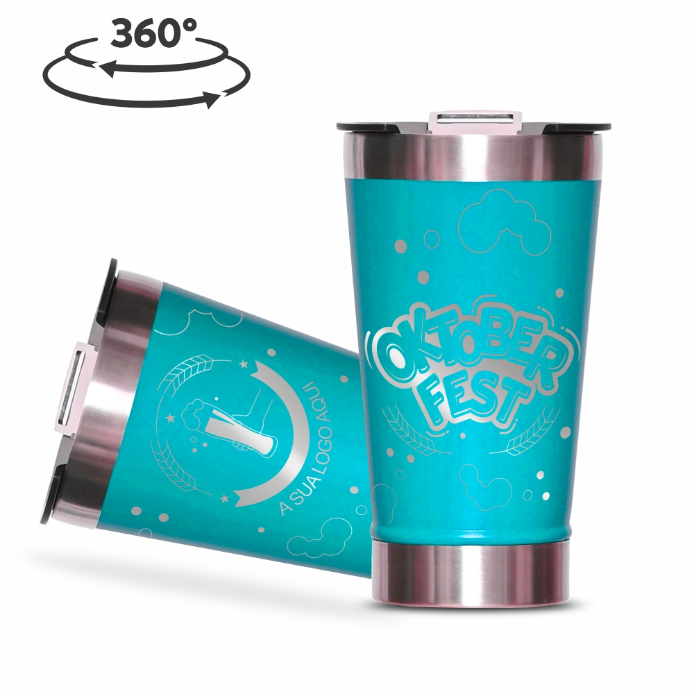 Copo Térmico com Abridor Parede Dupla e Aço 470ml Azul Tifanny