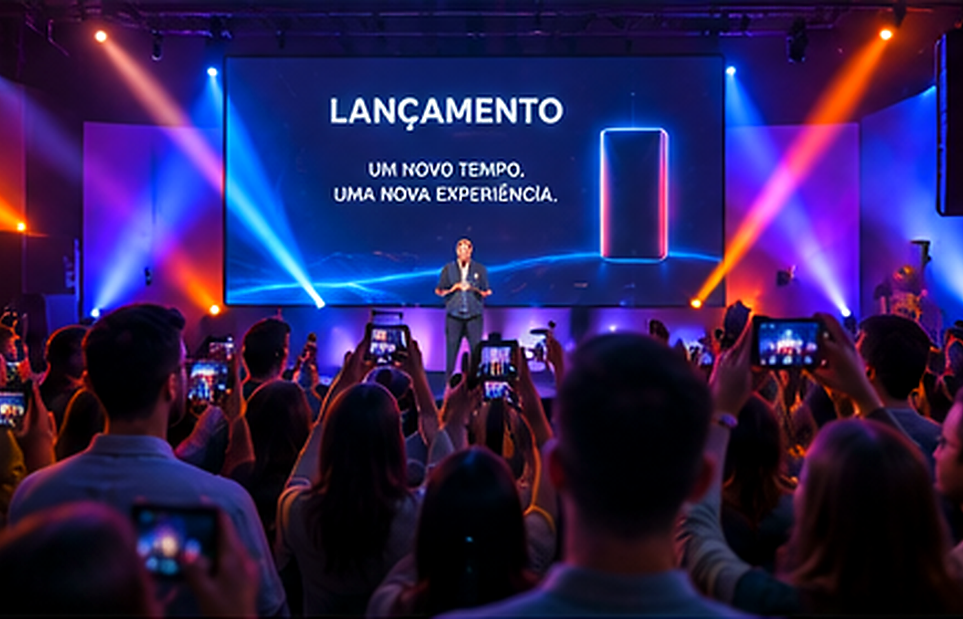 Equipe apresentando lançamento de produto em reunião profissional